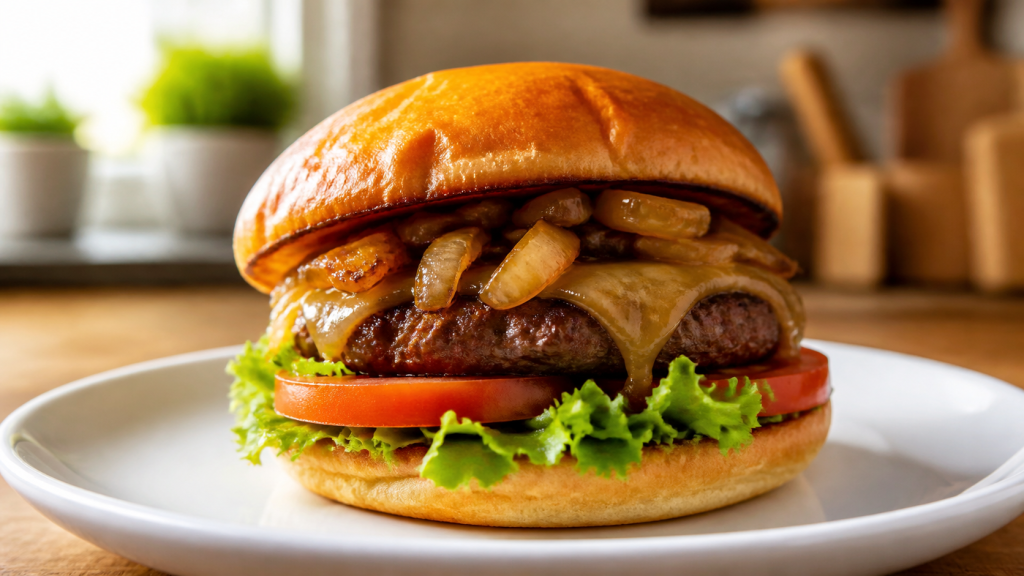 Hovězí burger s karamelizovanou cibulí