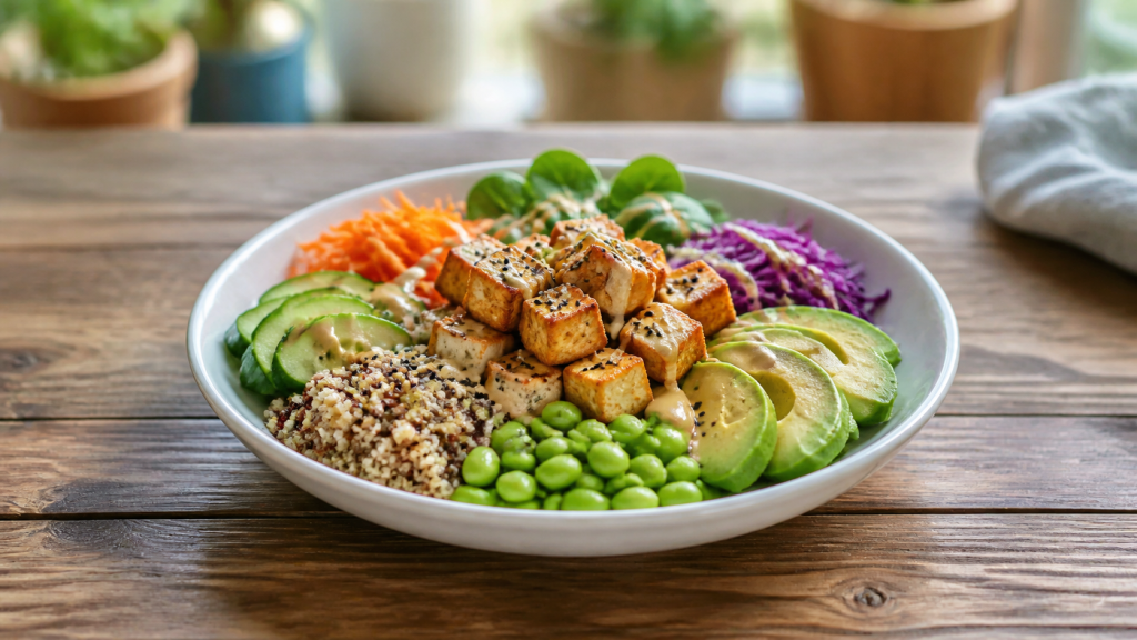 Buddha bowl se smaženým tofu a tahini zálivkou