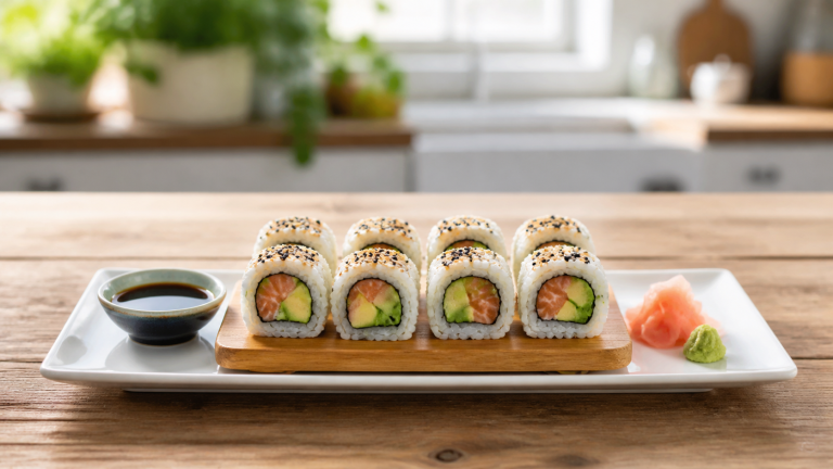Domácí sushi rolky s lososem a avokádem