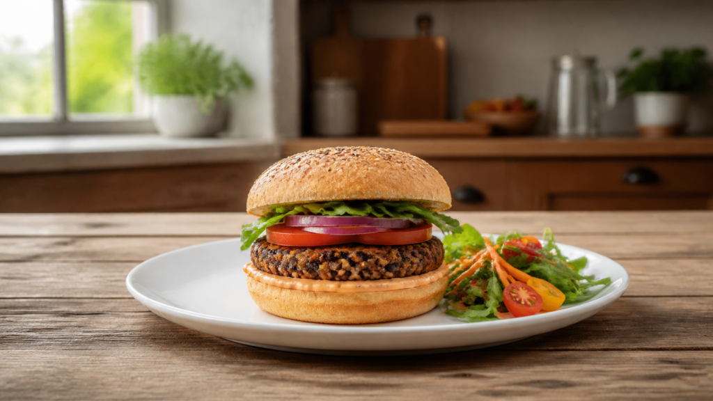 Vegetariánský burger s čočkovou plackou