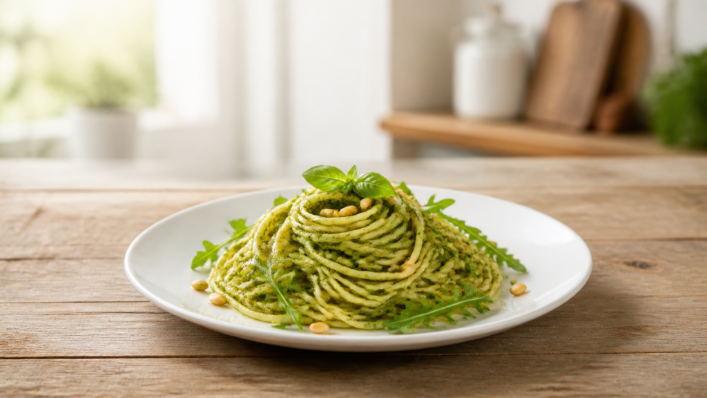 Pesto těstoviny s rukolou a piniemi