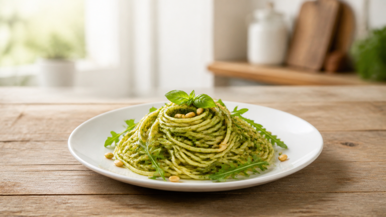 Pesto těstoviny s rukolou a piniemi